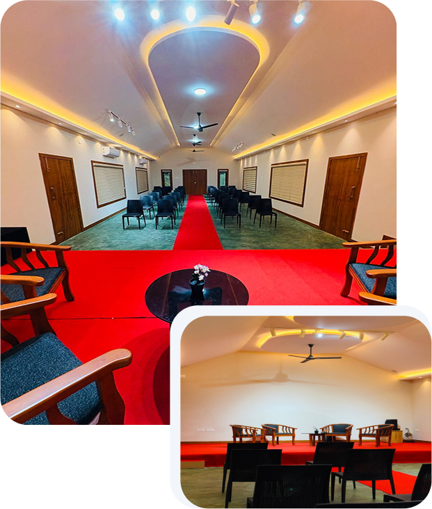 JKR Gardens Resort Banquet Hall: Spacious, elegantly decorated hall set up for a wedding or corporate event, featuring modern lighting, round tables, and floral arrangements in Kerala and Tamil Nadu.