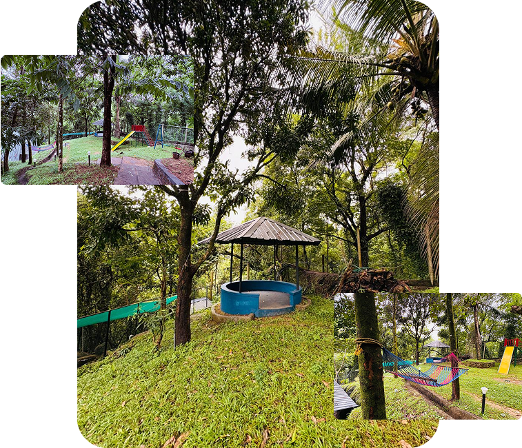 Safe and fun kids play area at JKR Gardens Resort with colorful slides, swings, and soft play surfaces, designed for children’s enjoyment and safety in Kerala and Tamil Nadu.