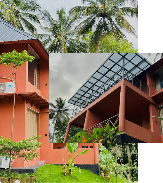 Luxury beachfront resort featuring modern villas surrounded by palm trees, situated along a tranquil shoreline with gentle ocean waves and a clear blue sky. The environment conveys relaxation and exclusivity. No visible text.