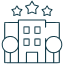 Hotel building icon with three stars above the roof and two trees on each side, symbolizing world-class amenities, comfort, and exceptional service in an elegant, welcoming resort environment. No visible text. The tone is professional and inviting.