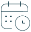Outlined calendar with a clock in the lower right corner, drawn in dark teal lines on a transparent background, representing scheduling or booking in a calm and organized style